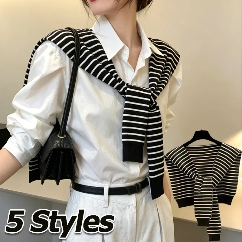 

Soft Lightweight Knitted Shawl Women Striped Multifunctional Spring Summer Warm Round Neck Shoulder Wrap Solid Color