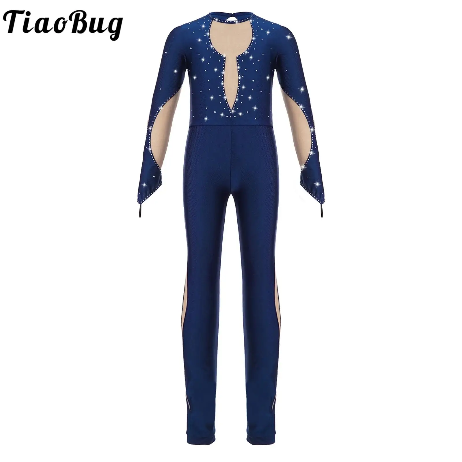 Kids Girls Gymnastics Ballet Dance Full Unitard Leotard Long Sleeve Mesh Patchwork Jumpsuit Performance Figure Skating Costumes