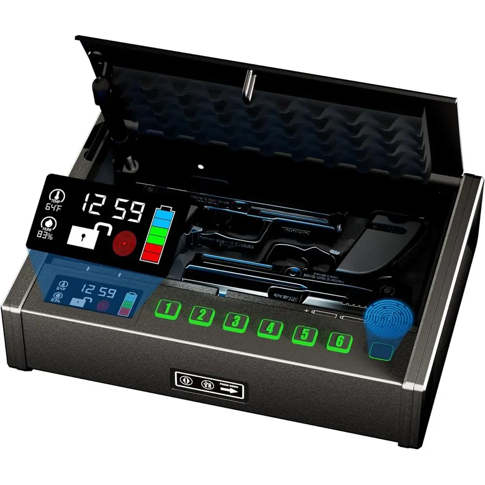 Fingerprint Access Biometric Pistol Safe with LCD Display for Temperature, Humidity, and Time Monitoring, 3-Method Unlock for Tw