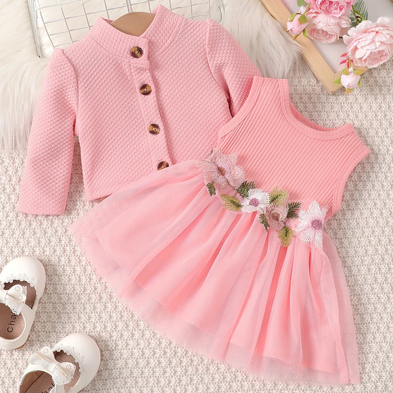 Spring Fall Newborn Girls Clothes Fashion Cute Flowers Long Sleeve Coat Cotton Mesh Sleeveless Princess Dress Baby Sets BC1271-1