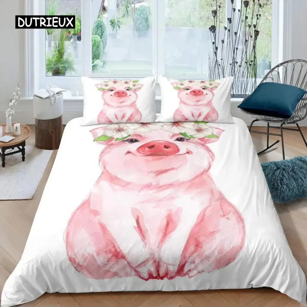 

Pig Duvet Cover Set Cute Pig Bedding Set King Size Zoo Quilt Cover Happy Farm Animal Comforter Cover with Zipper Closure for Kid