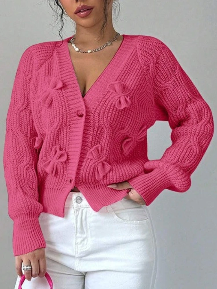 Spring Autumn Women's Fashion Solid Bow Cardigan Jacquard V-neck Sweater Loose Matching Short Coat Long Sleeved Tops Clothing