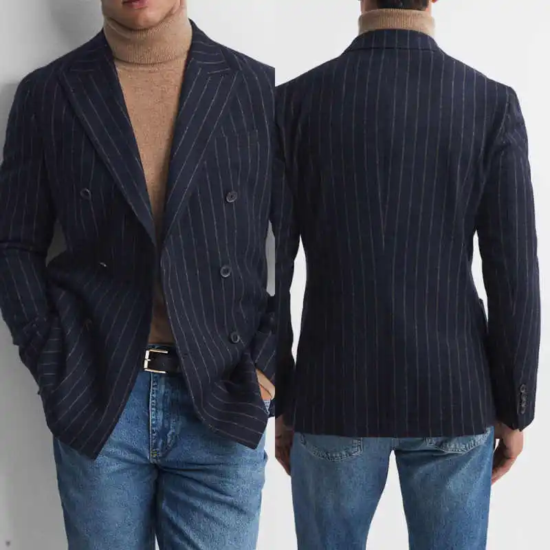 Modern Navy Blue Peak Lapel Double Breasted Outfits Korean Pinstripe Men Suits  Vintage Outwear Thick Business Suit Customized