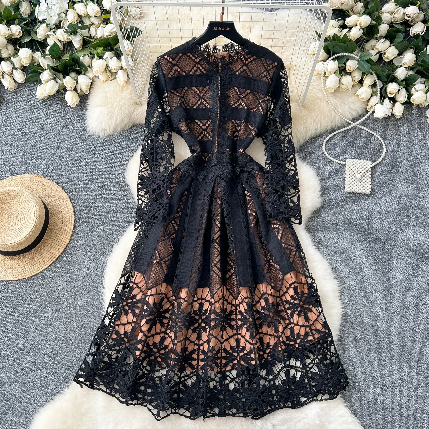 French Elegant O Neck Lace Hook Flower Hollow Dress A-line Long  Sleeve Casual High Waist Vestidos Women Autumn Spring Clothing