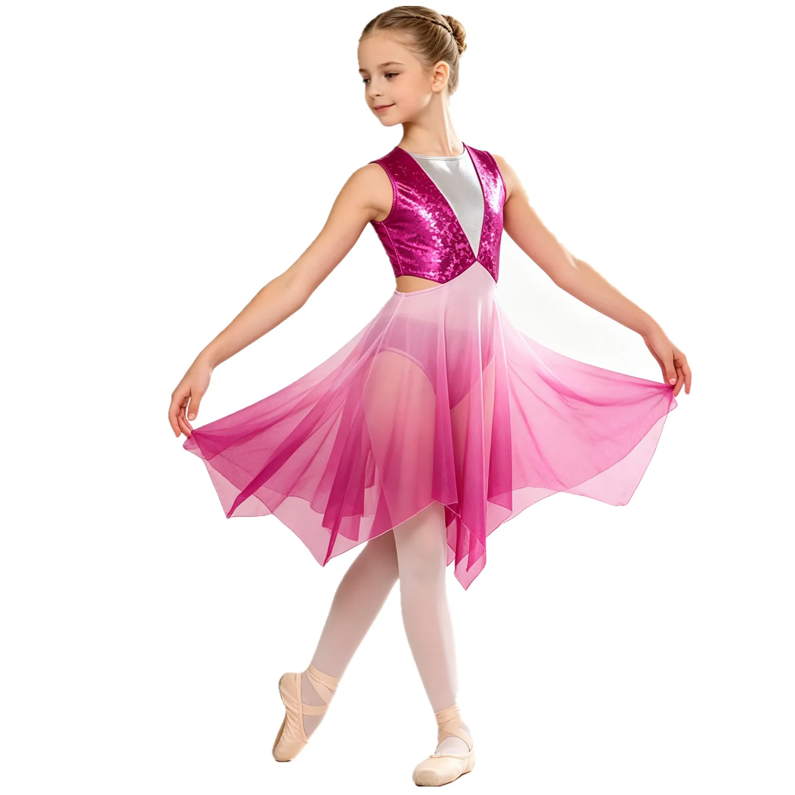 Children Girls Metallic Shiny Cutout Waist Sheer Mesh Praise Lyrical Dance Leotard Dress Worship Church Choir Dresses Dancewear
