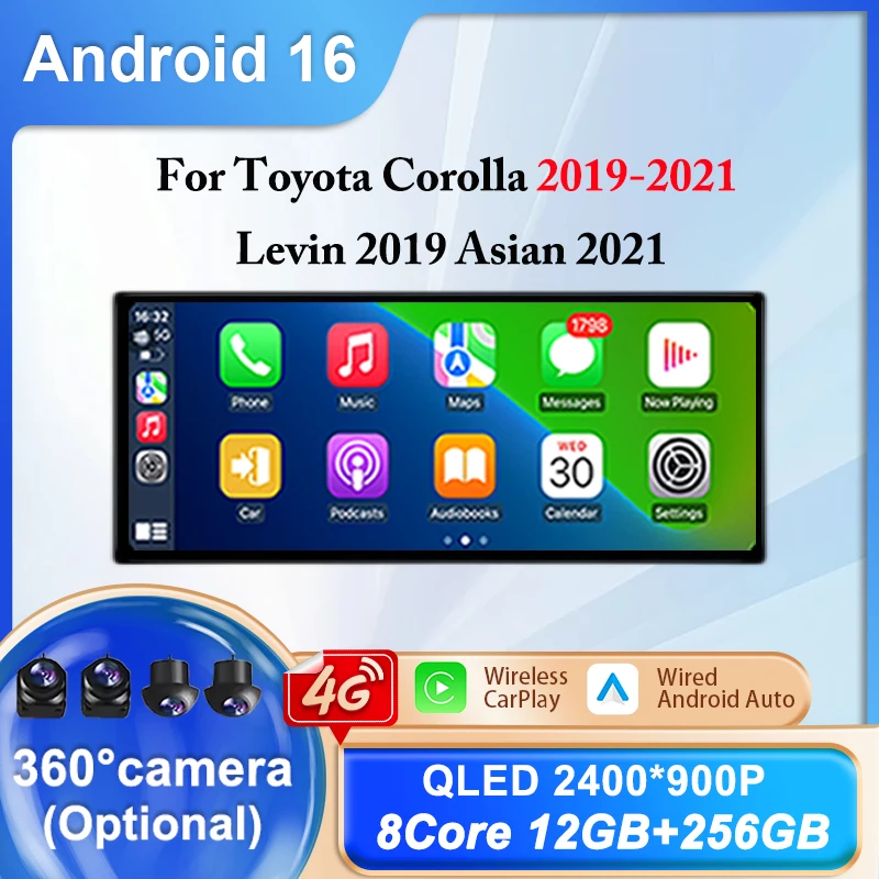 12.3'' For Toyota Corolla 2019-2021 Levin 2019 Asian 2021 Android 16 Auto CarPlay Navigation GPS DSP Bluetooth Split screen WIFI