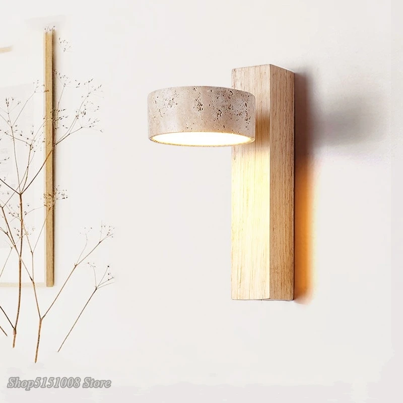 

Japanese Wabi Sabi Yellow Travertine Wall Lamps With Pull Chain Switch Rotable LED Wood Stone wall Lights for Bedside home decor