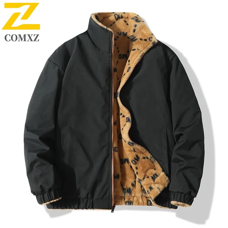 

COMXZ 2025 Men's Reversible Fleece Lined Thick Waterproof Suede Jacket Winter Trendy Stand Collar Versatile Cotton Coat