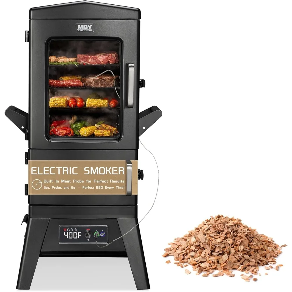

Large Vertical Electric Smoker Grill – 633 sq in | 4-Rack BBQ Smoker with Built-in Meat Probe, Wood Chip Loader &Weather-Resista