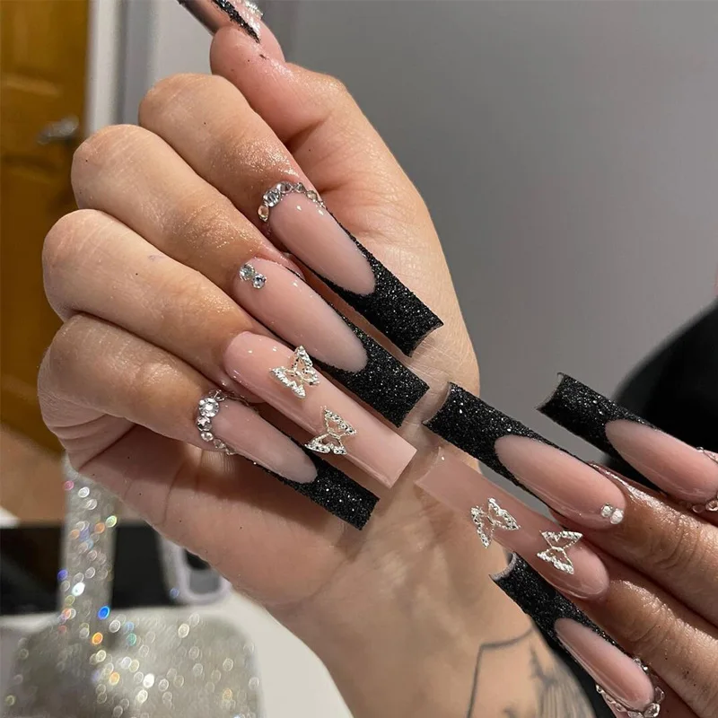 

24Pcs Fake Nail Long French Tips with Black Edges Silver Butterfly Glitter and Sparkling Rhinestones Perfect Gift for Girls