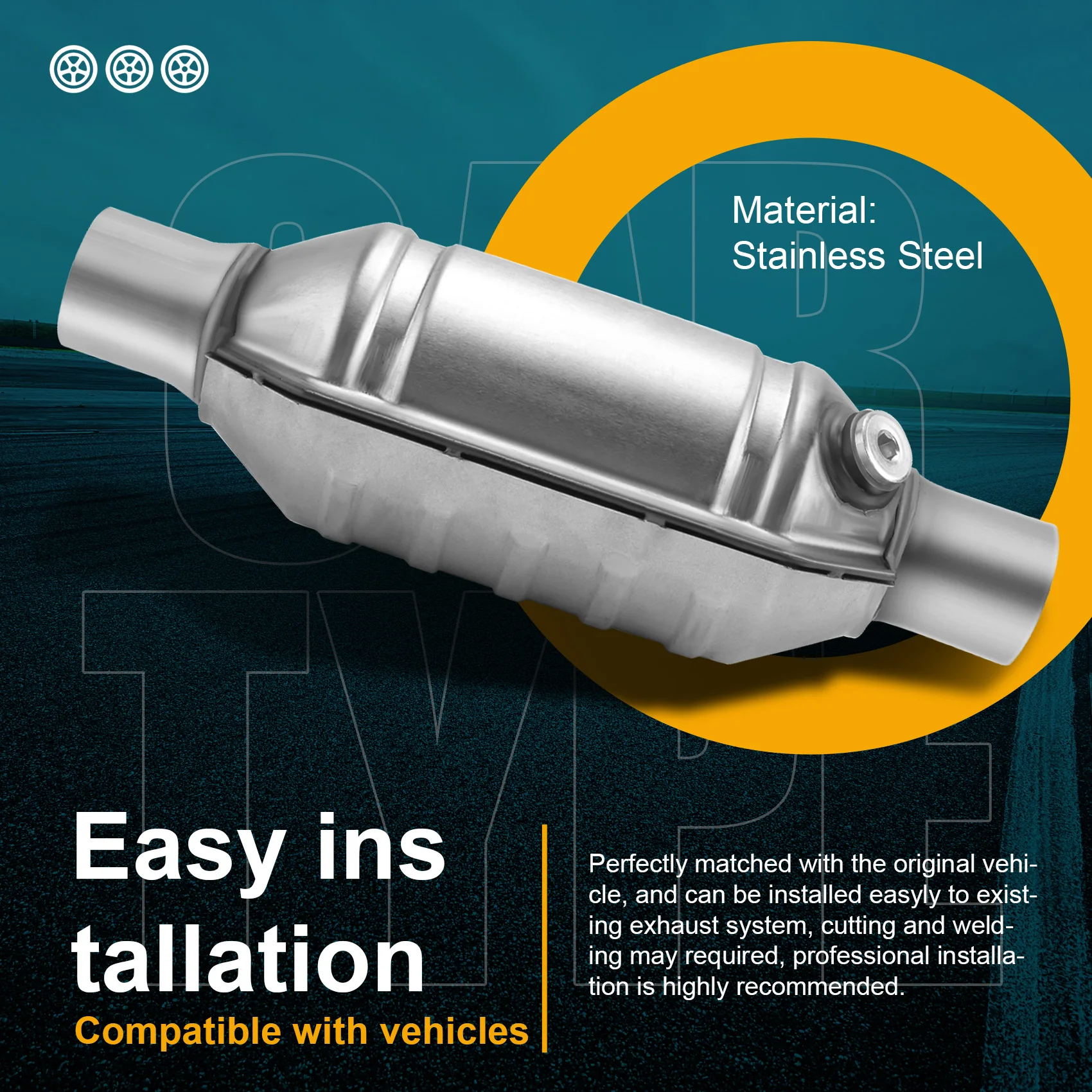 ABOU-Inlet/Outlet Universal Catalytic Converter, With O2 Port & Heat Shield 53004 Car Stainless Steel Catalytic Converter