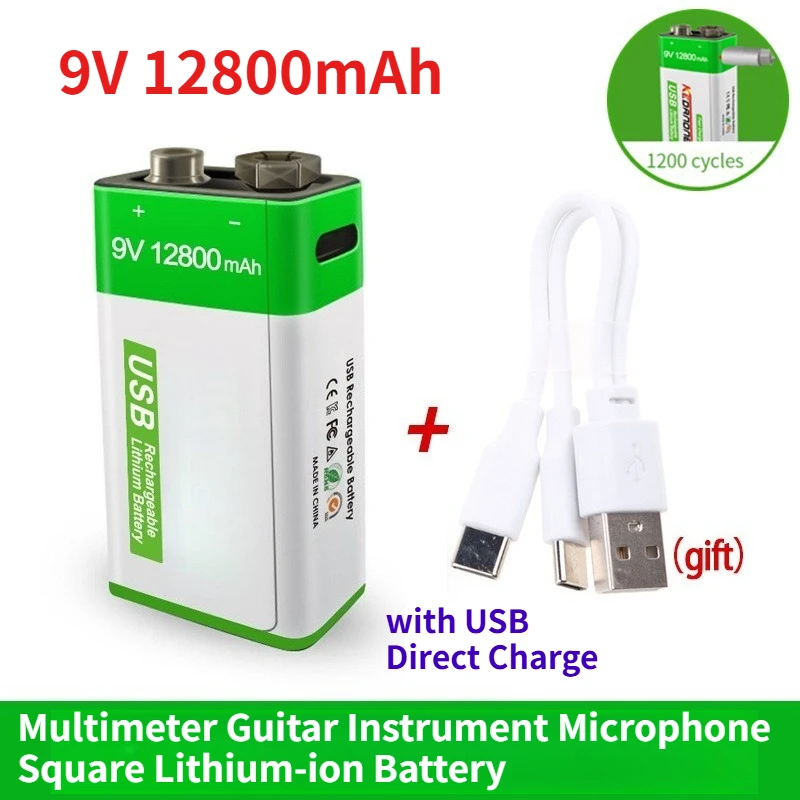 

9V 12800mAh Rechargeable Battery for Multimeter Guitar Instrument Microphone Square Lithium-ion Battery with USB Direct Charge