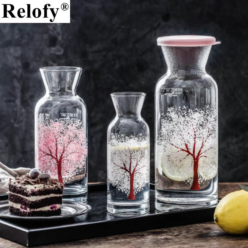 360/700/1260ml Glass Hot Color-changing Cherry Blossom Cold Water Bottle Household Coffee Tea Water Bottle Juice Milk Drinkware