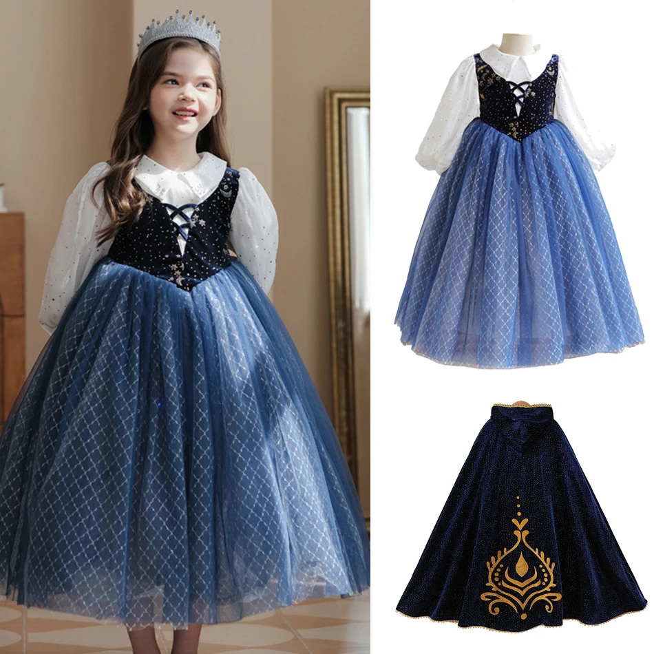 Girl Anna Princess Party Dress New Girls Autumn Lantern Sleeve Long Dress Children Halloween Costume Birthday Party Ball Gown