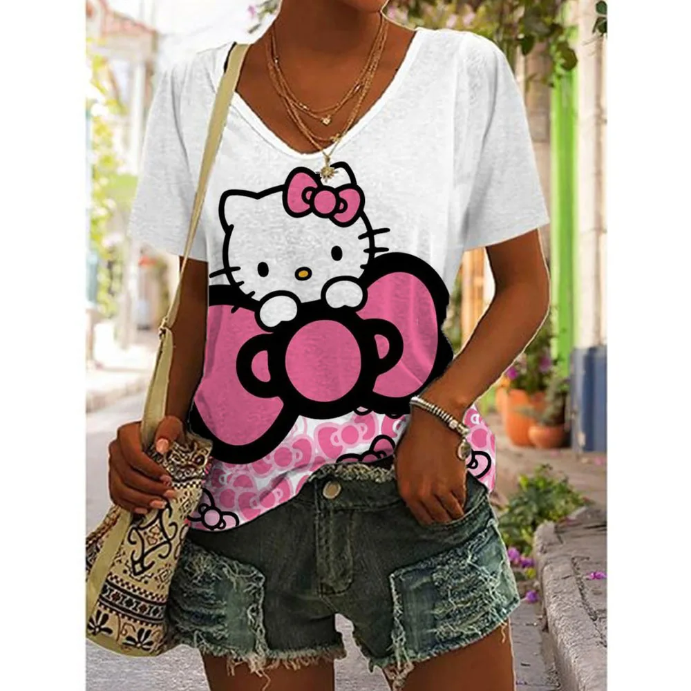 Cartoon T-shirt women\'s Hello Kitty printed short sleeved beautiful V-neck women\'s T-shirt casual summer top women\'s plus size