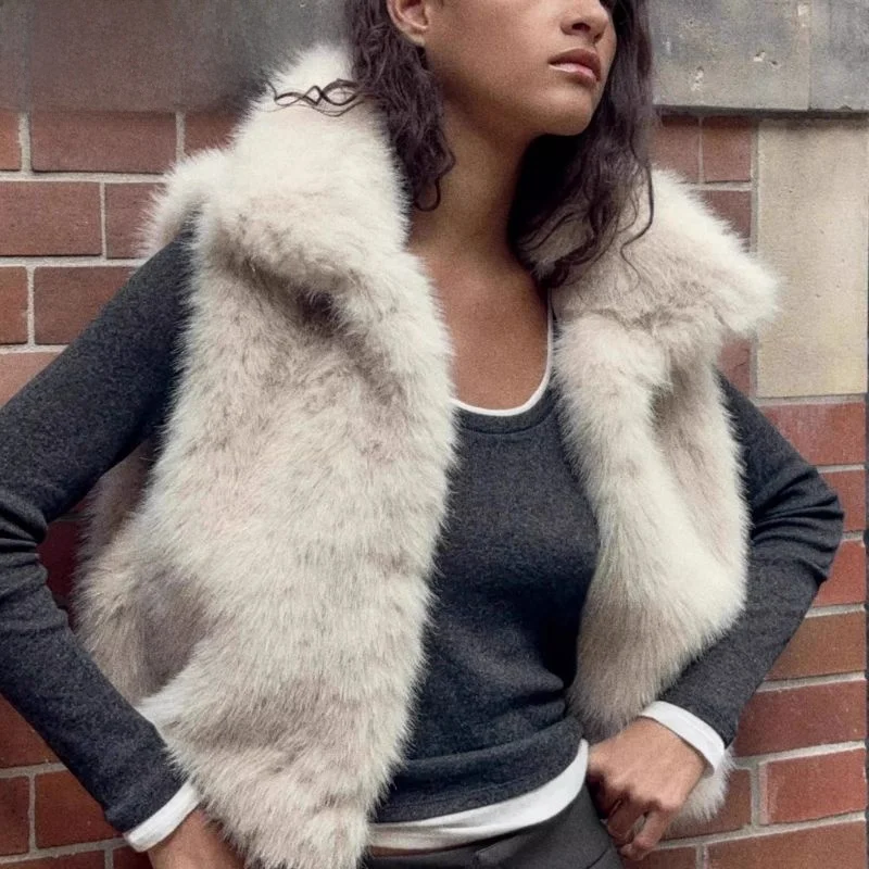 

Осень 2023, новый женский ор-жилет с эффектом искусственного меха TRF, модный тепло, уличный молодежный жилет без косточек, застежка-молния