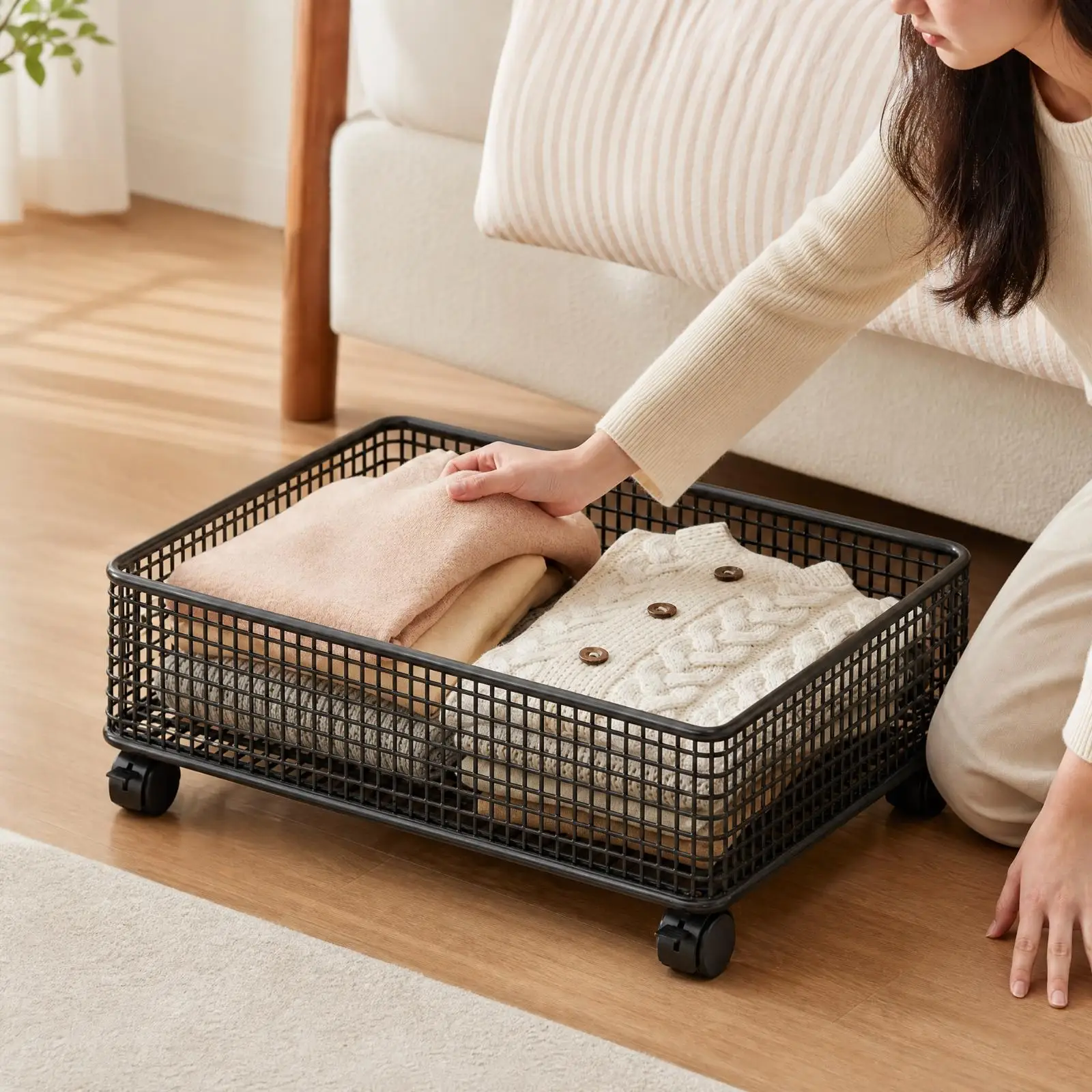 Under Bed Storage on Wheels Rolling Basket with Open Grid Design for Trousers Throws and Household Items Organization