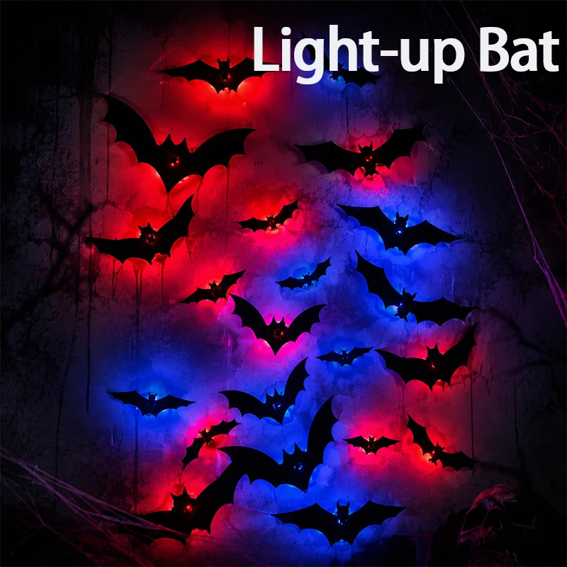 12/24PCS Halloween LED 3D Light Up Bats Wall Decor Spooky Glowing Night Light for Haunted House Party,Garage Room Scary Supplies