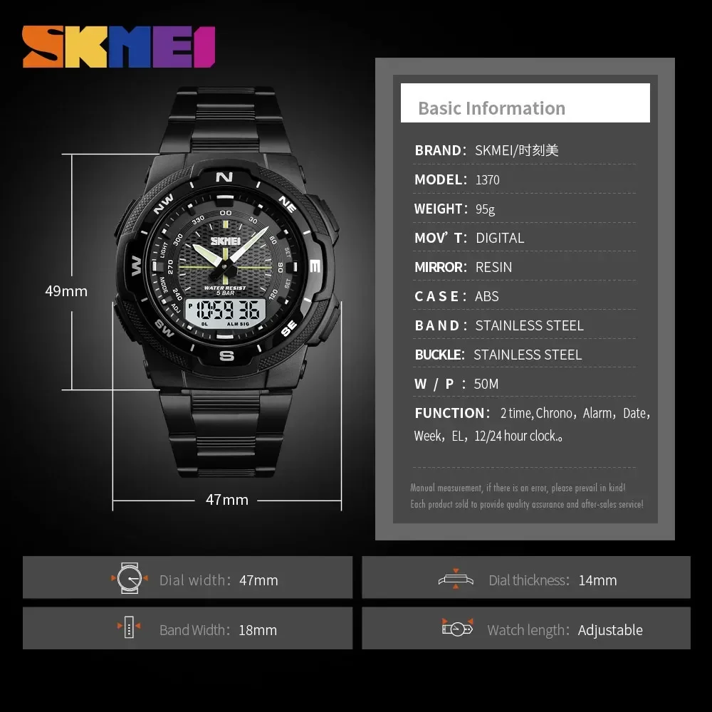 Skmei-Montre de luxe en acier pour hommes, étanche, à quartz, sport, à la mode, 1370