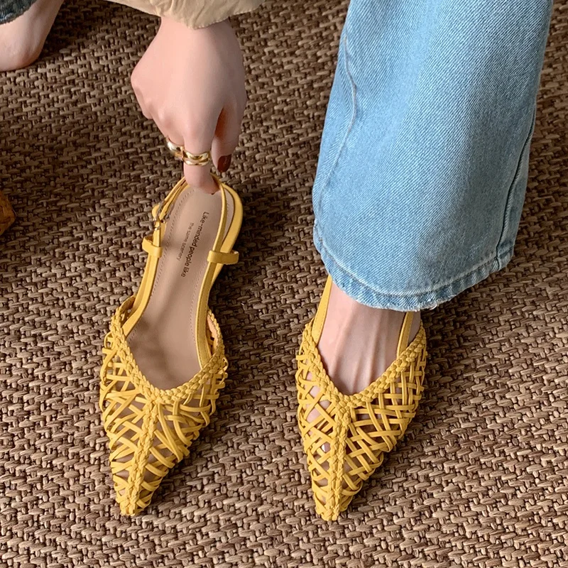 2026 new summer women sandals natural leather 22-25cm microfiber+sheepskin weave pointed toe ankle-buckle women shoes fashion