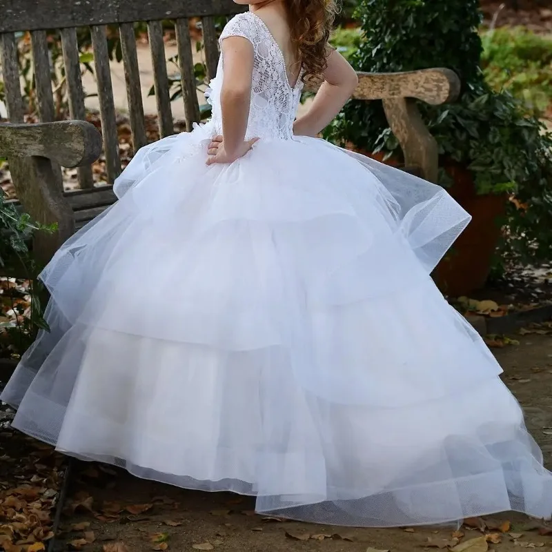 فستان فتاة الزهور بأكمام قصيرة وطبقات من التول، فستان فتاة صغيرة الأميرة أول مناولة لحفلات أعياد الميلاد