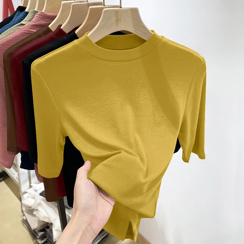Elegant Five-Quarter Sleeve T-Shirt Women's 2025 New Spring Summer Threaded Short-Sleeve Base Shirt Top Quality Slim Fit roun...