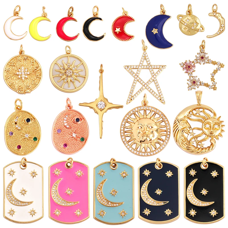 Trendy Popular Star Moon Sun Planet Earth Charm Pendant,18K Gold Plated Zircon Necklace Bracelet For Handmade Jewelry Supply L42