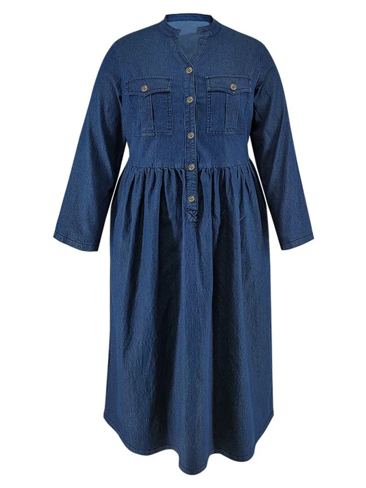 Wmstar Plus Size Denim Dresses for Women Clothes Button Solid Long Fashion Casual Elegant New Long Dress Wholesale Dropshipping