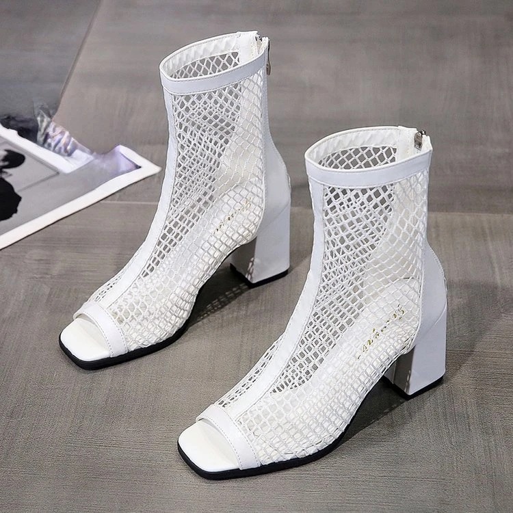 Brand Summer Fashion Mesh Fish Mouth Short Tube High Heels Hollow Women Breathable Riding Boots Thick Heel Sandals Ladies Shoes