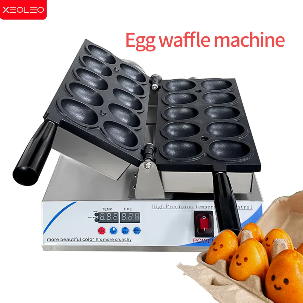 XEOLEO 1600W Electric 10-Holes Egg shape Waffle Maker Smiling Egg Waffle Maker Machine Commercial Waffle Iron Digital Display