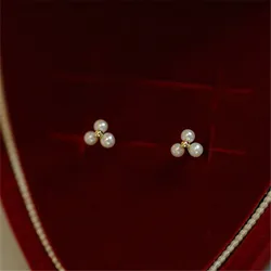 925 Sterling Silver Gold Plated Korean Vintage Three Synthetic Pearl Stud Earrings for Women Simple Jewelry Accessories