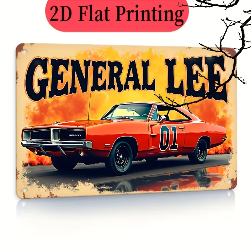 Sinal de parede de ferro - arte retrô de carro "General 01" com chamas e design laranja/preto, decoração rústica de metal para sala de estar, para homem caverna,