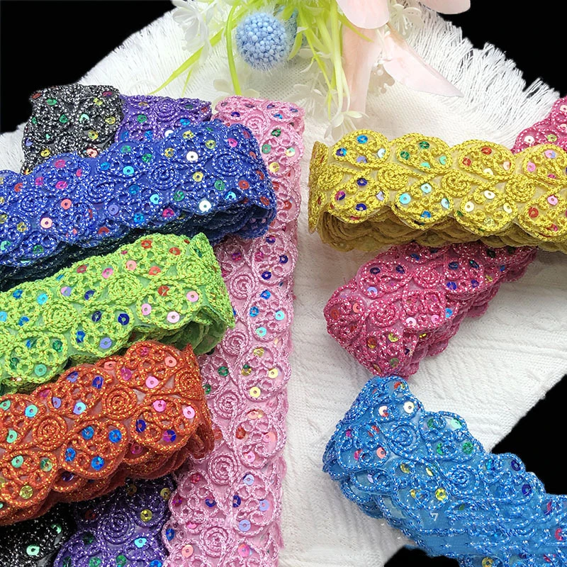 1/2/4 Yards nastro di pizzo ricamato con paillettes rifiniture per tende accessori per tende decorazione in pizzo lato piccolo 4.5cm di larghezza