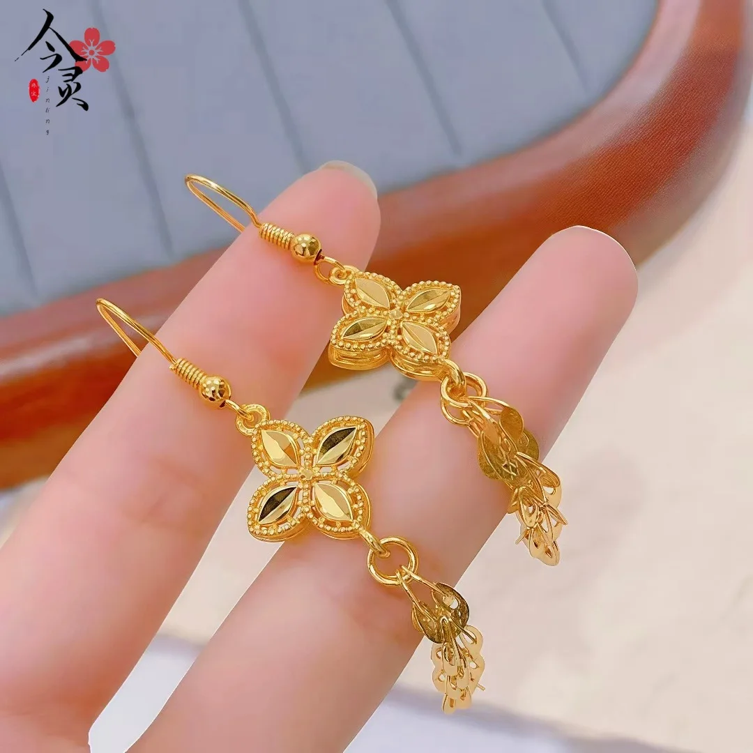 Luxury 24K 9999 Pure Gold real gold Fashionable Versatile Wheat Tassel Long Earrings Women's Earrings