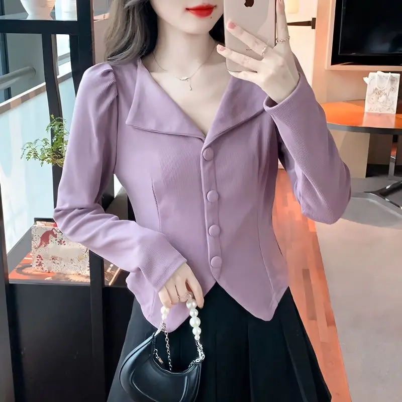 Asymmetrical Slim Short Tops Tees Spring Autumn New Long Sleeve V Neck Solid Color Sweet T Shirts Elegant Fashion Women Clothing