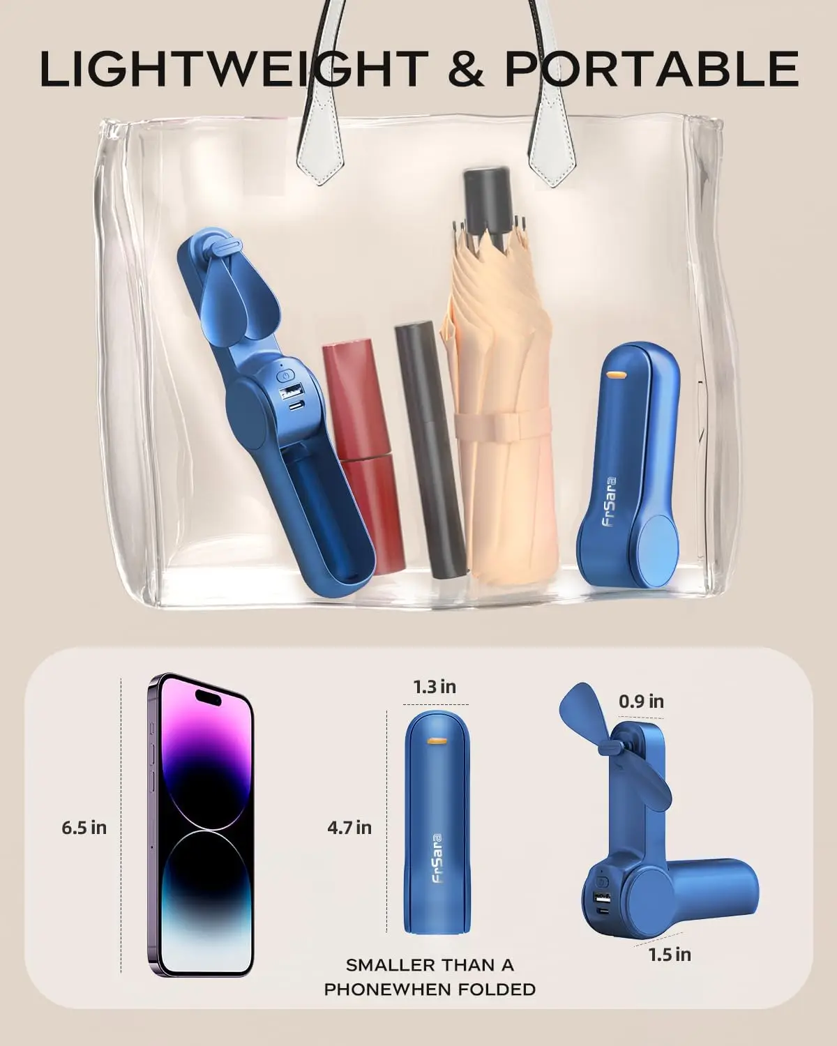 พัดลมมือถือแบบพกพาแบบชาร์จไฟได้, พัดลมพกพาขนาดเล็กแบบชาร์จ USB, แบตเตอรี่ 2000mAh พร้อม Power Bank, แบตเตอรี่ Li ยาวที่ได้รับการอัพเกรด