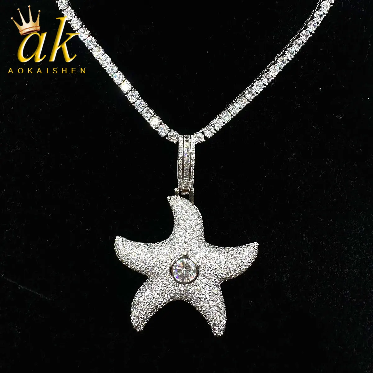 Aokaishen Sea Star Pendant for Women Prong Setting Necklace Cubic Zirconia Hip Hop Jewelry 2023 Trends