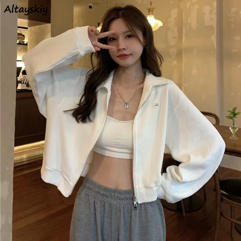 

Cropped Jackets Women Zip-Up Long Sleeve Vintage American Teens Minimalist Hip Hop Students Mujer Chaqueta Leisure Hotsweet New