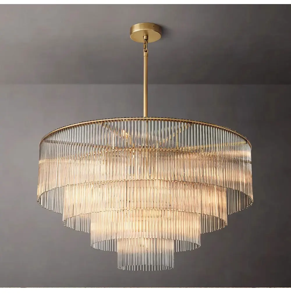 

Modern Rectangular Chandelier Vintage Clear Glass Rod Linear Chandelier LED Gold Lustre Lighting Fixture for Dining Room