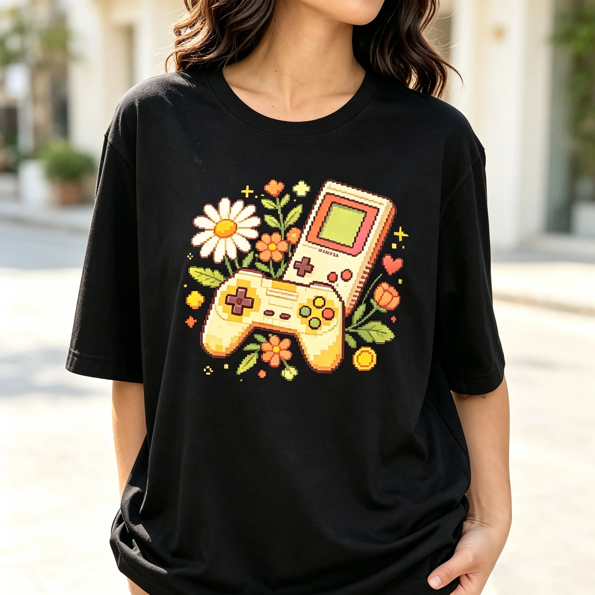 Pixel Game Controller Handheld Console Floral Graphic T-Shirt, Retro Gaming Daisy Flower Women Short Sleeve Tee