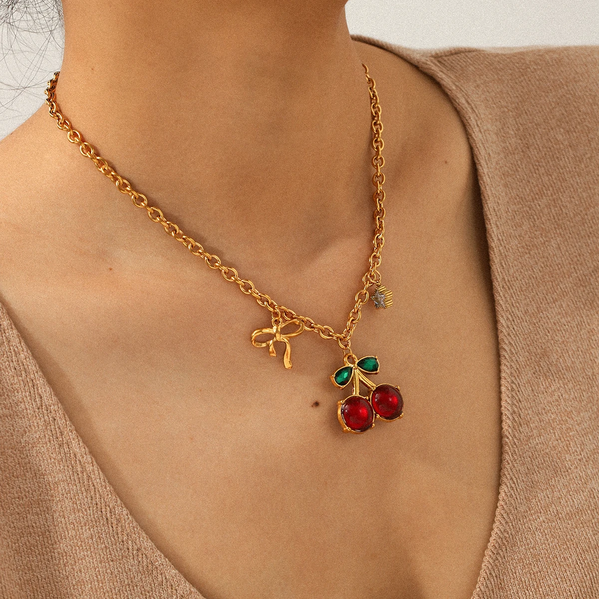 Huang Chao New Red Zircon Cherry Fruit Pendant Series Stainless Steel Heart Pendant Necklace Bow Accessory Holiday Gift