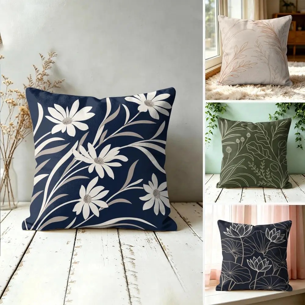 Minimal Line Floral Silhouette Pillow Case Double-Sided Plush Sofa Cushion Covers Organic Breathable Invisible Zipper