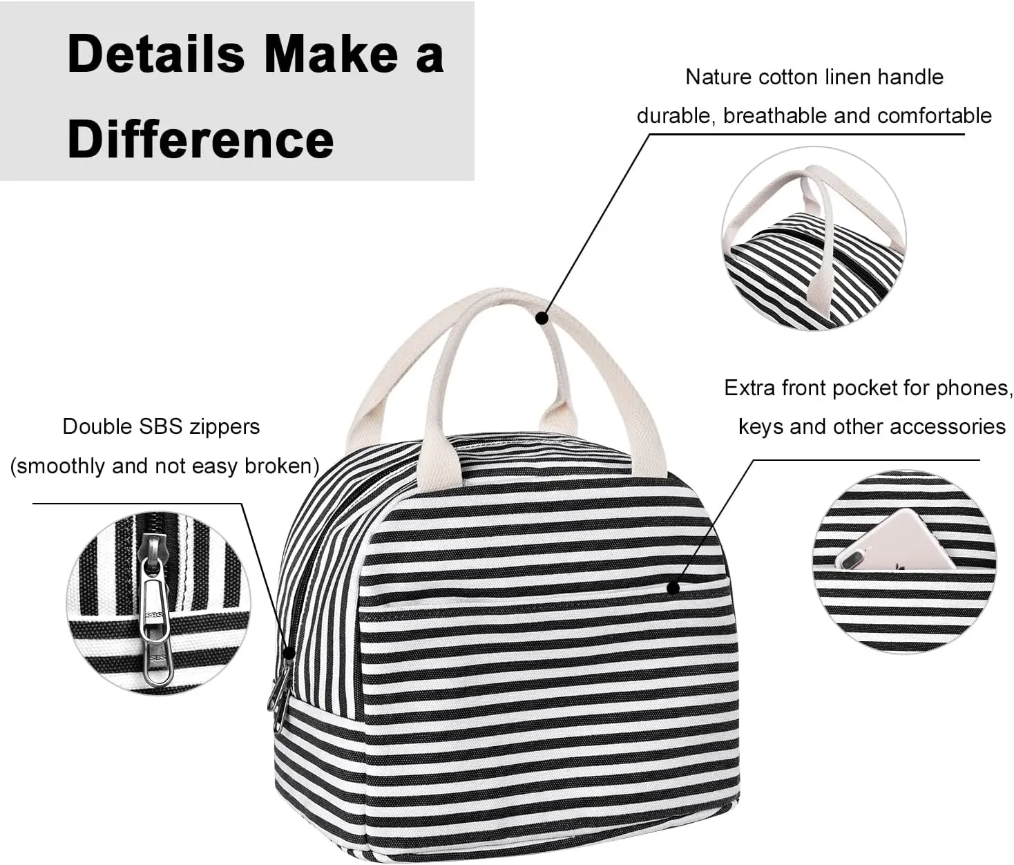 Canvas Lunch Tote Bag for Women for Work with Black and White Stripes, Reusable Insulated Meal Prep Preppy Lunch Box Bag