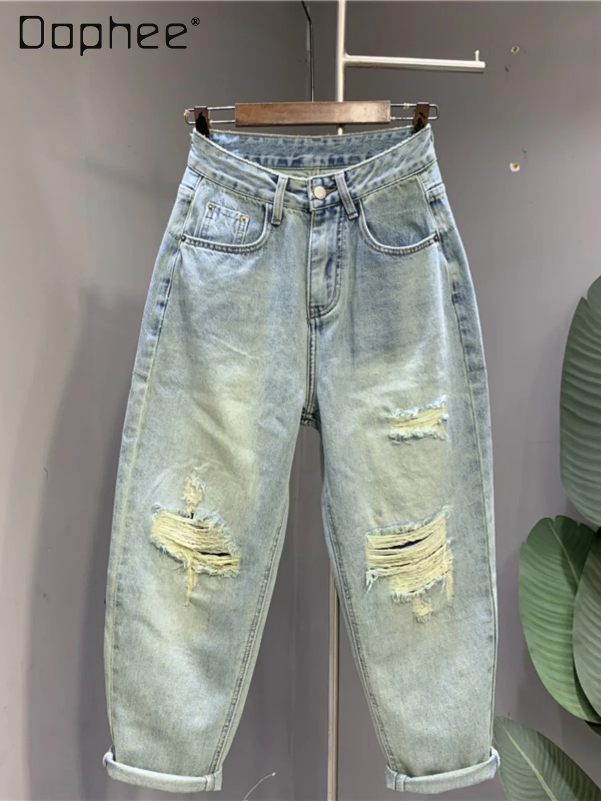 

Spring Summer European Light Blue Ripped Jeans for Women Harlan Pants Casual Versatile Loose Street Style Trendy Jeans Female
