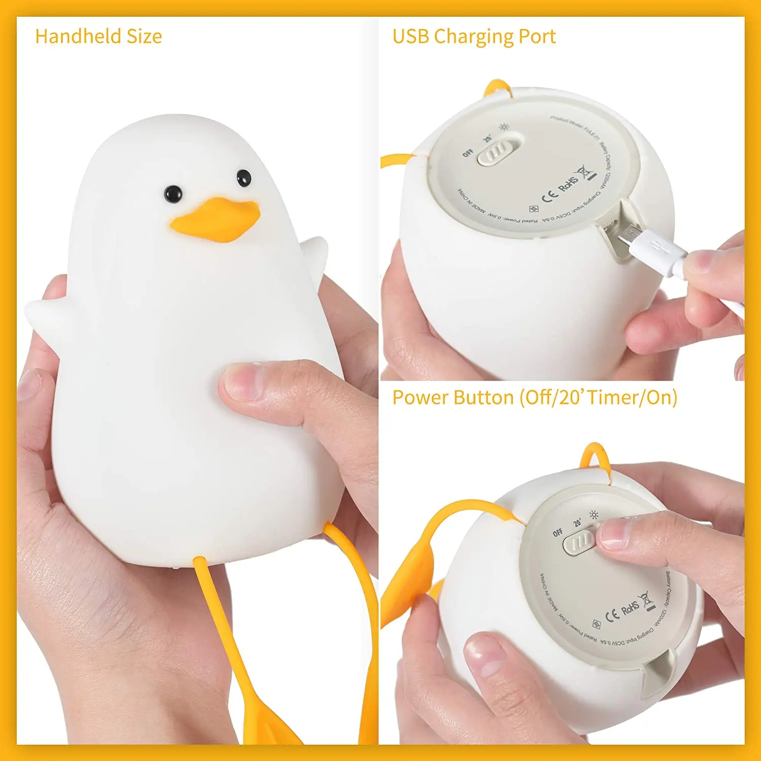 Portable Cute Duck Night Light Silicone Pear Kids Night Light Tap Control USB Rechargeable LED Lamp for Baby Bedroom Room Decor