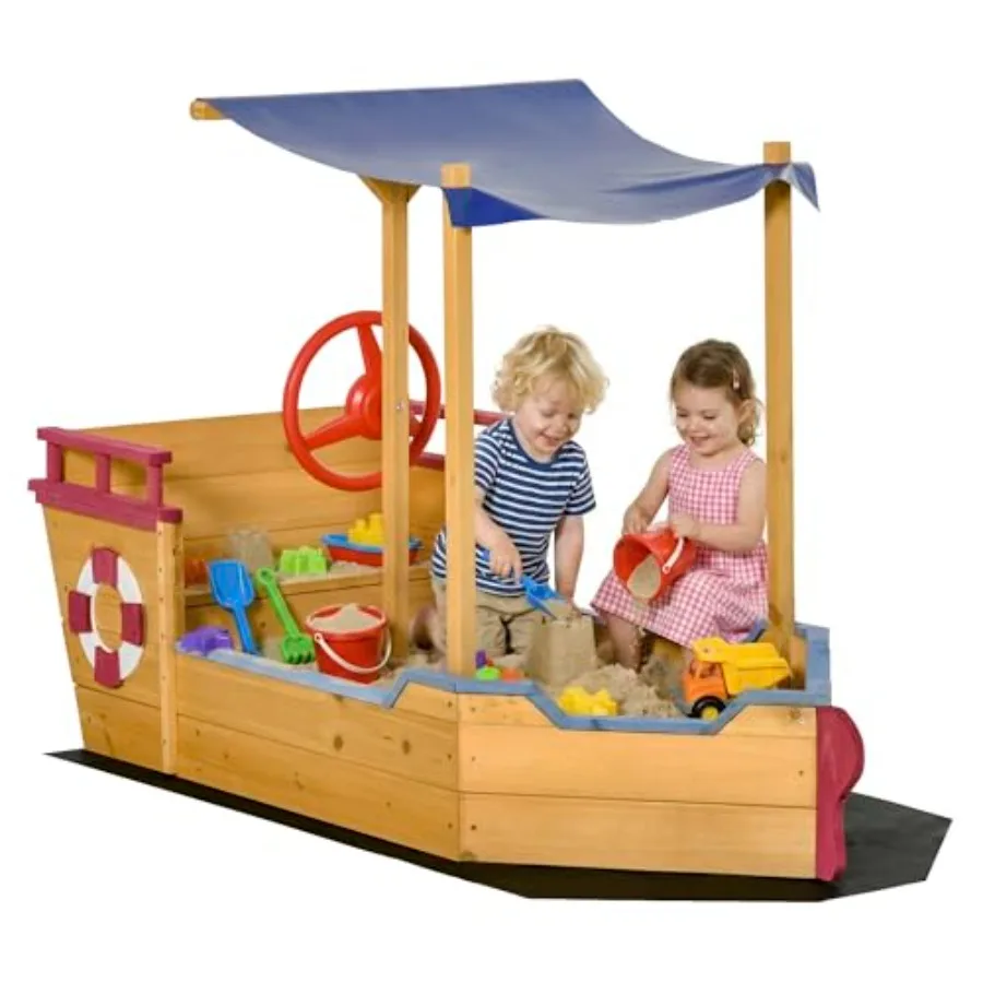 Outdoor wooden kids sandbox ship-shape sandboat in orange with canopy, bench seats, storage, and non-woven fabric cloth for bac