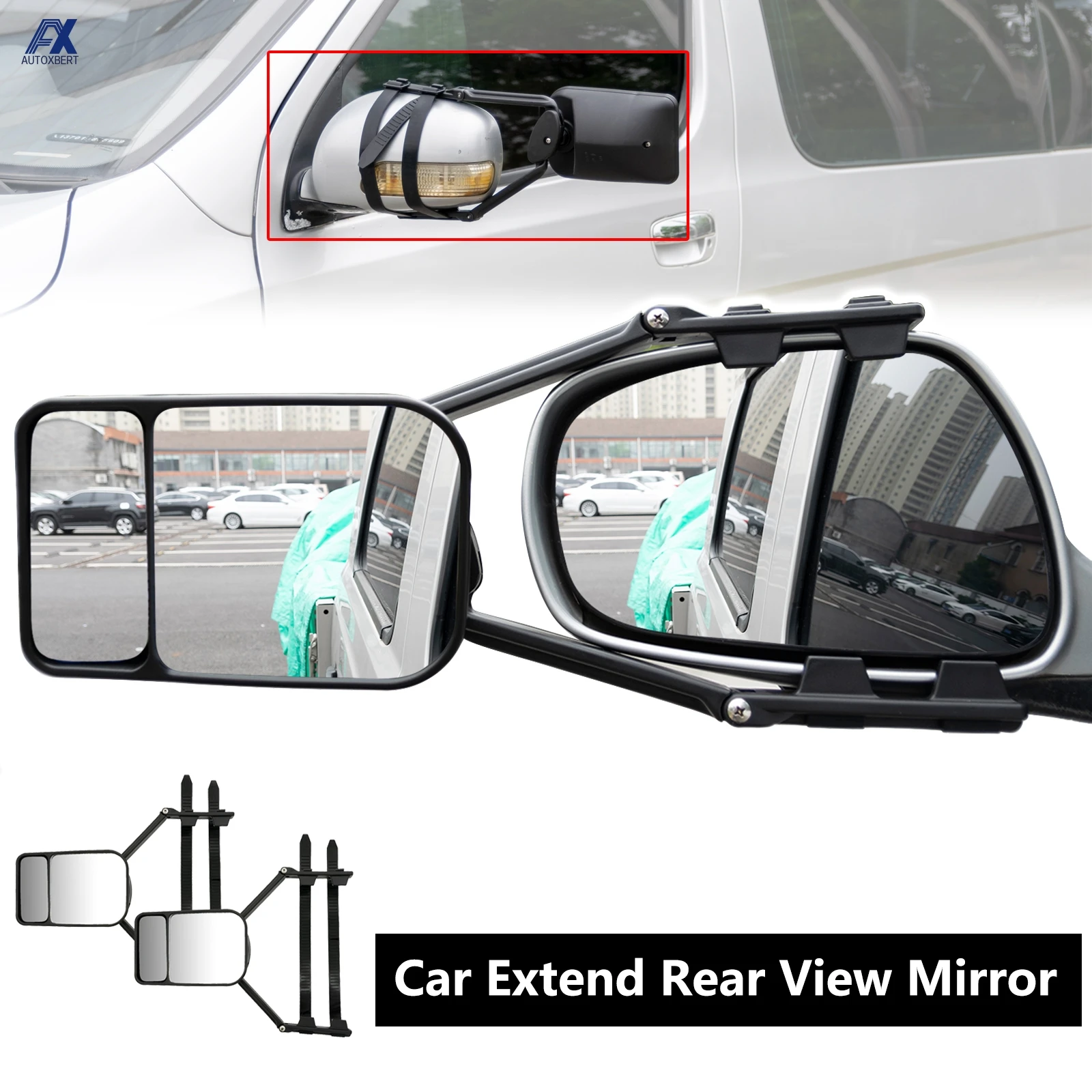 2PCS Universal Caravan Trailer Car Towing Mirror Adjustable Tow Mirror Extension Strap Rear View Side Spot Blind Convex Truck