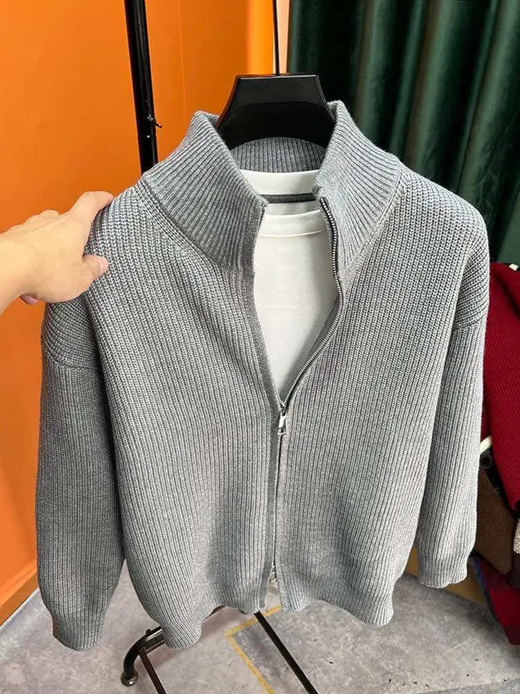 

Мужской трикотажный свитер-куртка на молнии, однотонный, приталенный, осенне-зимний, модный, с воротником-стойкой, верхняя одежда