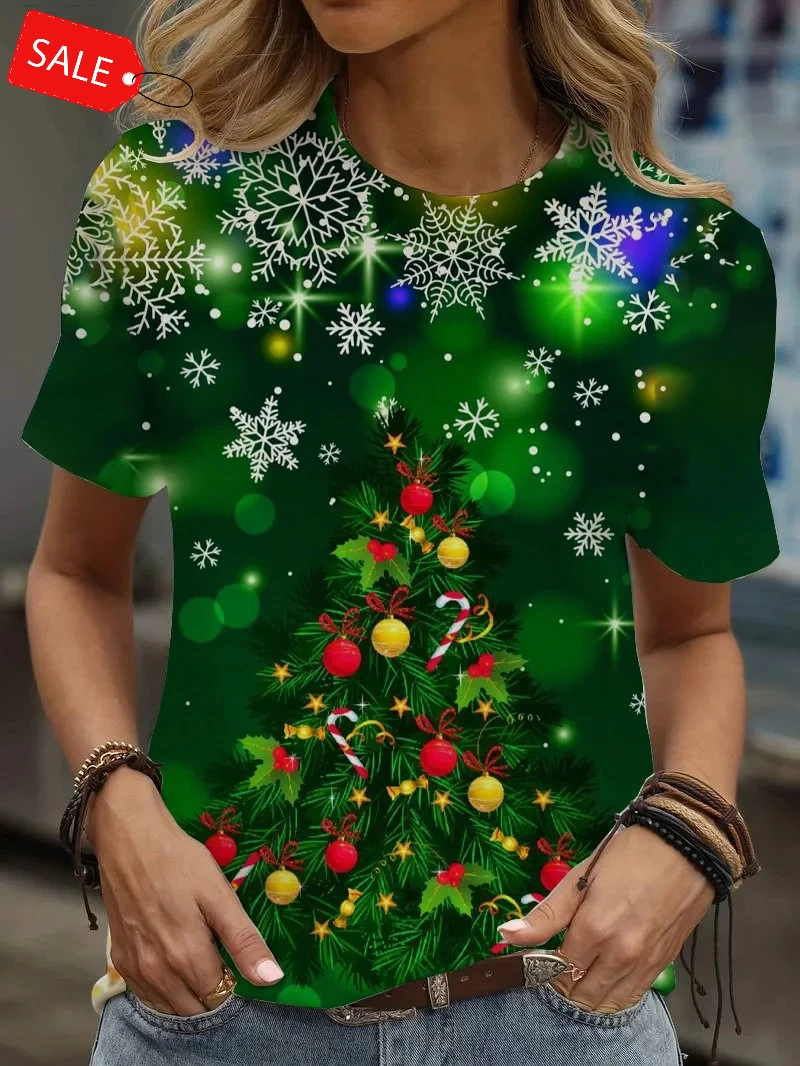 T-Shirts de noël pour femmes, imprimé Floral de dessin animé en 3D, mode d'été, col rond, manches courtes, vêtements féminins, Streetwear Y2K