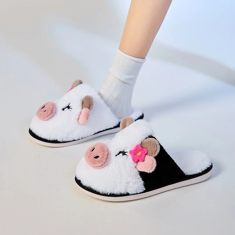 

Men's and women's winter cartoon cow pattern plush warm slippers indoor non-slip cotton home shoes ladies casual cotton slippers